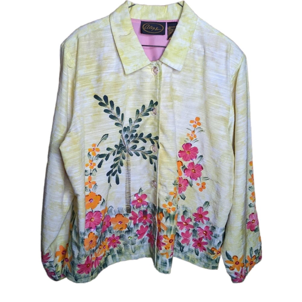 Alex Kim Yellow Pink Floral Palm Tree Island Sequins Women's Blazer Size XL